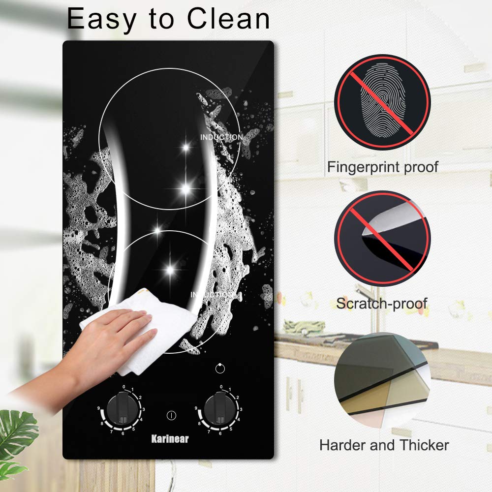 Induction Hob, Karinear 30CM 2 Zones Electric Cooktop with Auto Shut