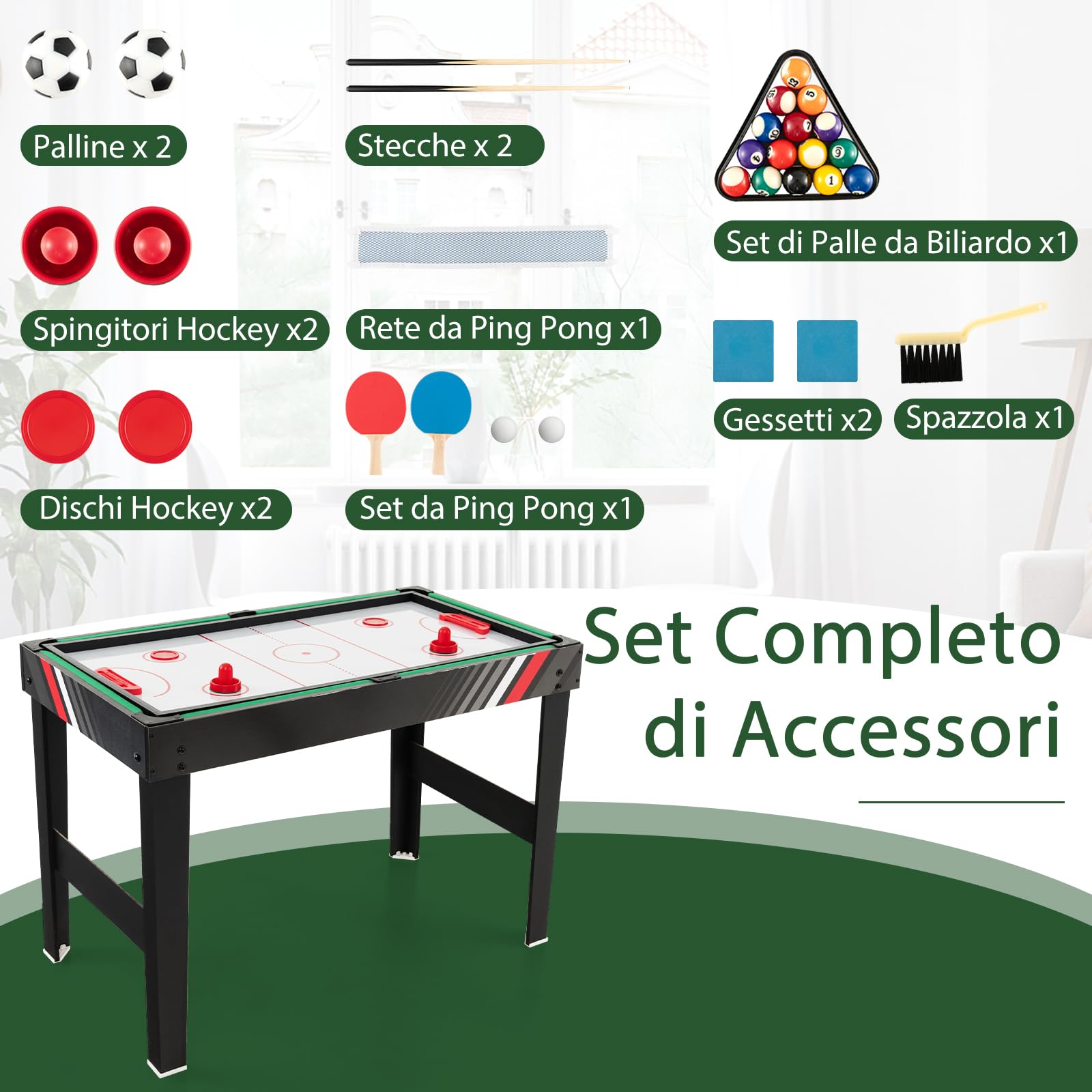GYMAX Tavolo Multigioco 4 in 1 con Calcio Balilla, Biliardino Professionale
