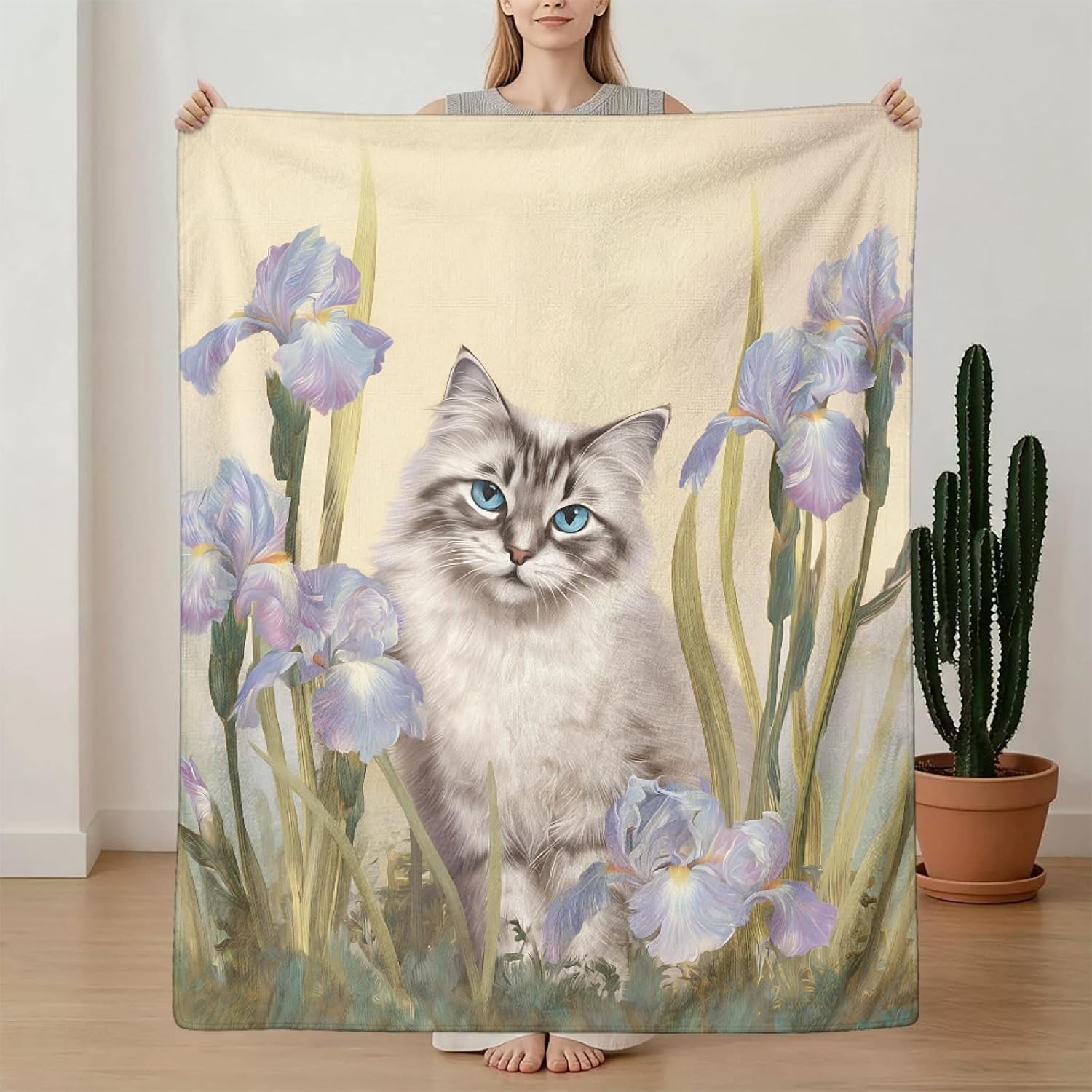 Boho Cat Print Throw Blanket Home Decor Couch Bed Grass 40"x50"
