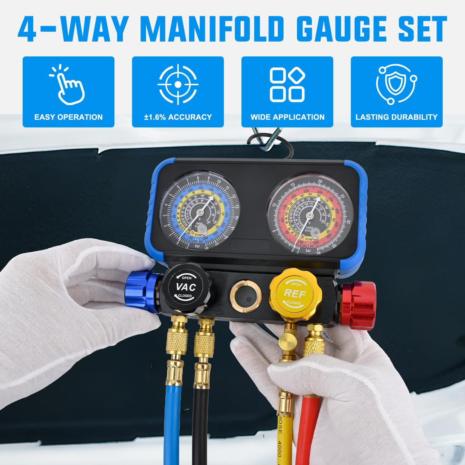 Nilight A/C Manifold Gauge Set Fits for R1234yf R134a R404A 4-Way Auto HVAC Diagnostic Gauges Refrigerant Recharge kit with Adjustable Couplers 5FT Hoses R1234yf Universal Can Tap