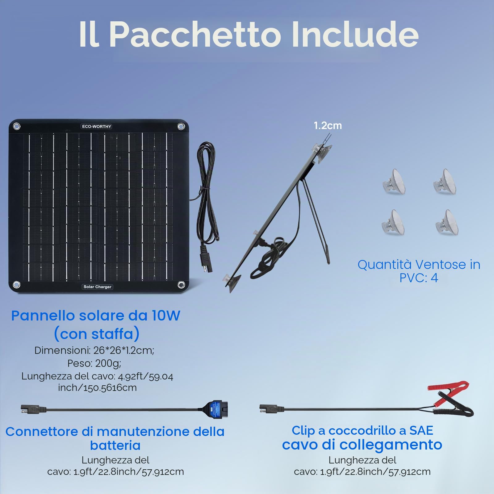 ECO-WORTHY Caricabatteria Solare OBDII 10W Aggiornato - Pannello Solare Mono Impermeabile da 12V con Supporto Portatile per Auto, Camion, Barche, Tosaerba, Camper, Roulotte