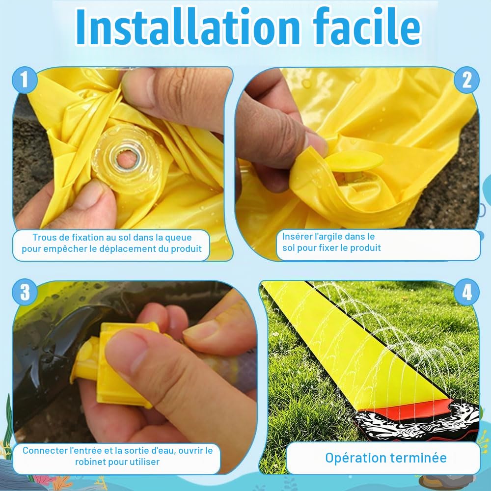 Toboggan Aquatique, 480 x 70cm Toboggan pour Pelouse, Tapis de Glisse Eau Enfant avec Arroseur D'éclaboussures, 2 Planches Gonflables, pour Pelouse et Jeux d'eau en Extérieur (Jaune)