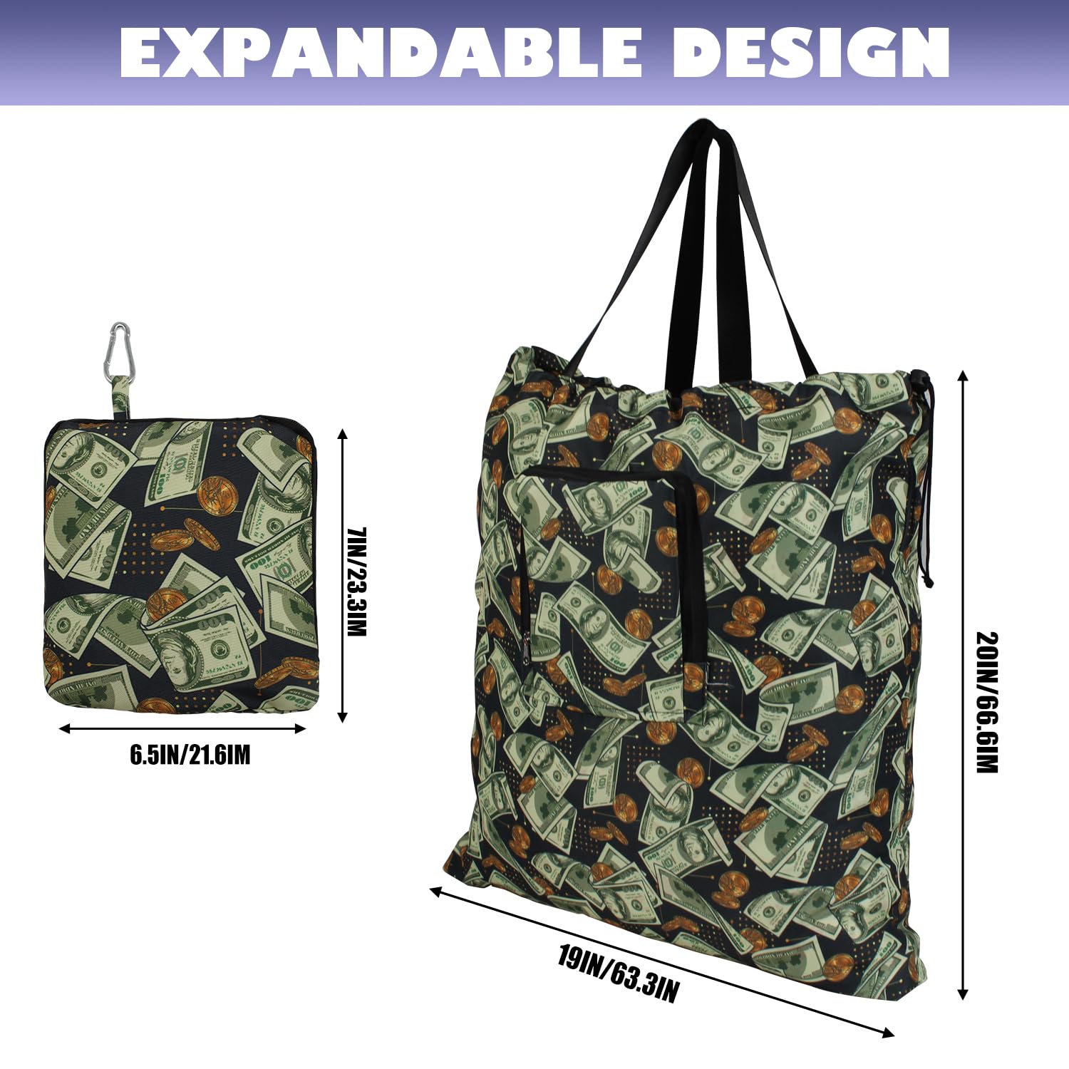 STOINSTO Foldable Travel Laundry Bag with Handle and Drawstring, 2 Pack Expandable Dirty Clothes Bags with Aluminum Carabiner and Zipper, Lightweight Laundry Hamper Liner for Travel, Camp, 20*19 inch