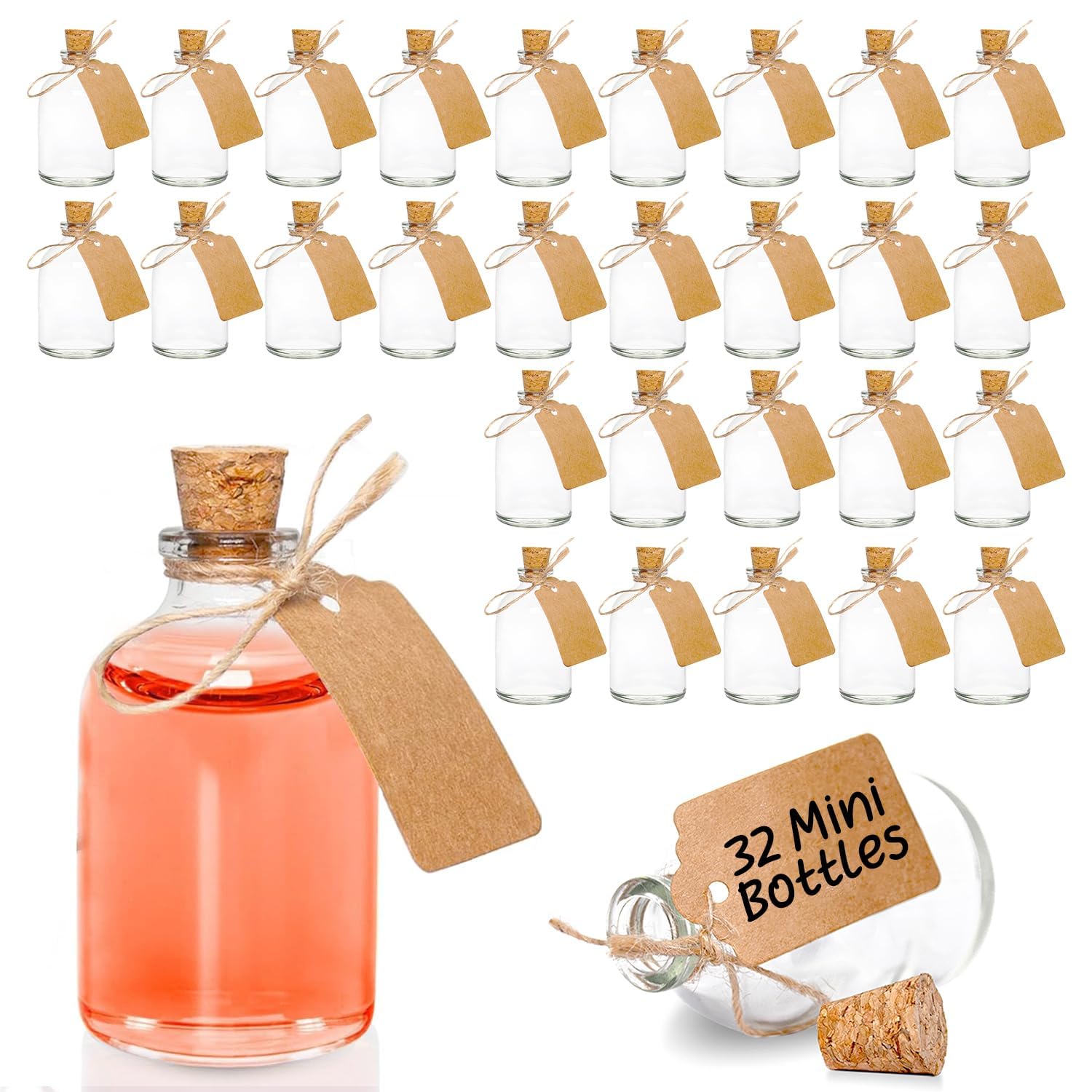 volila Small Glass Bottles - (32 Pack) 50ml with Corks, Funnel & Customisable Craft Labels for Wedding Favours, Shots, Potion, Spell Jars