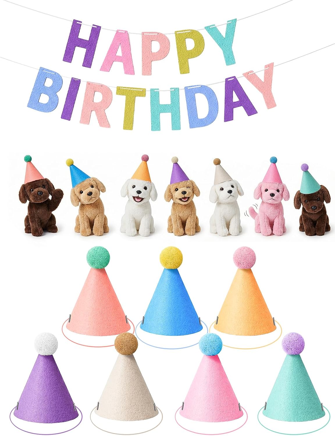 7pcs Mini Party Hats for Stuffed Animals with Banner, Mini Birthday Hats | Stuffed Animal Party Hats for Dolls Little Pets as Dog Cat Rabbit Puppies