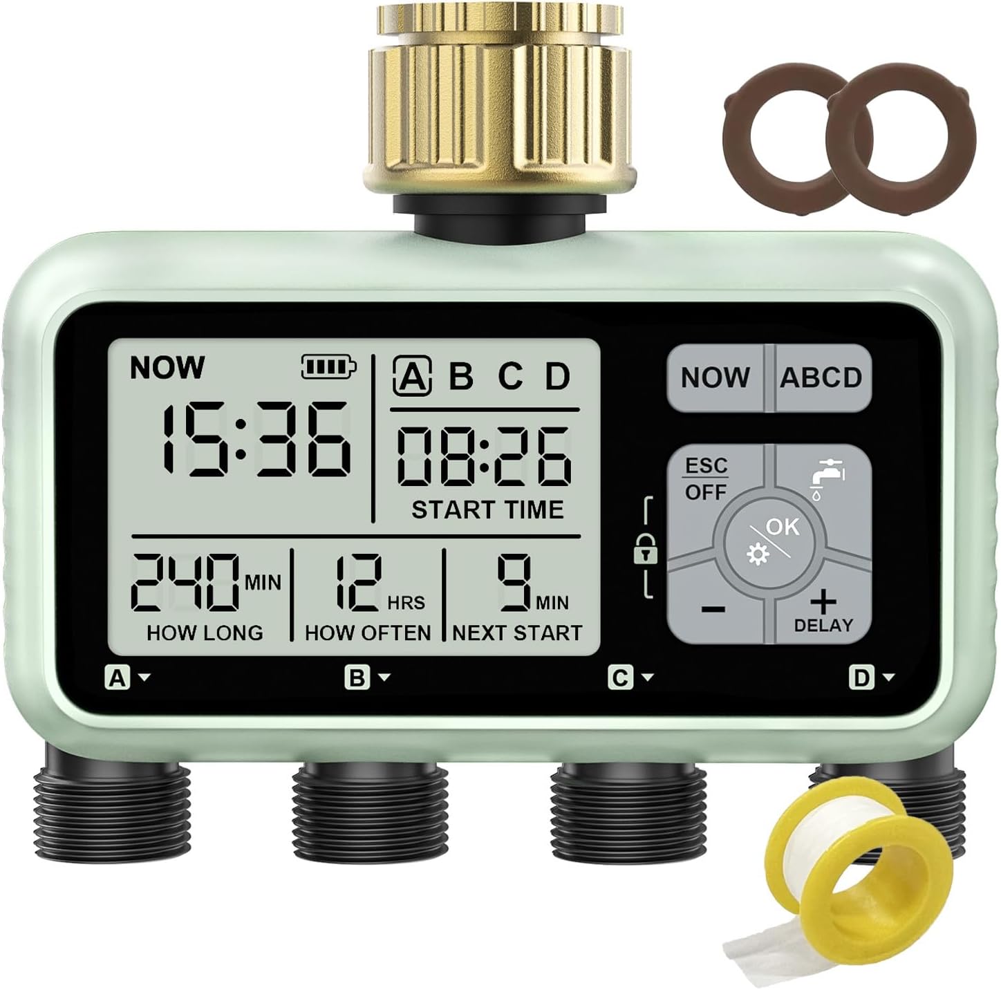 Watering Timer 3 Zone with Brass Inlet, Sprinkler Timer, Programmable Garden Outdoor Hose Faucet Timers with Rain Delay, Auto & Manual Watering System,Water Hose Irrigation Timers 3 Outlet for Garden