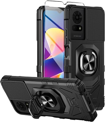 for TCL K24/TCL K23/TCL 50 LE Phone Case with Tempered Glass Screen Protector,Military Grade Heavy Duty Shockproof Protective Cover,with Ring Kickstand TCL K24, Black