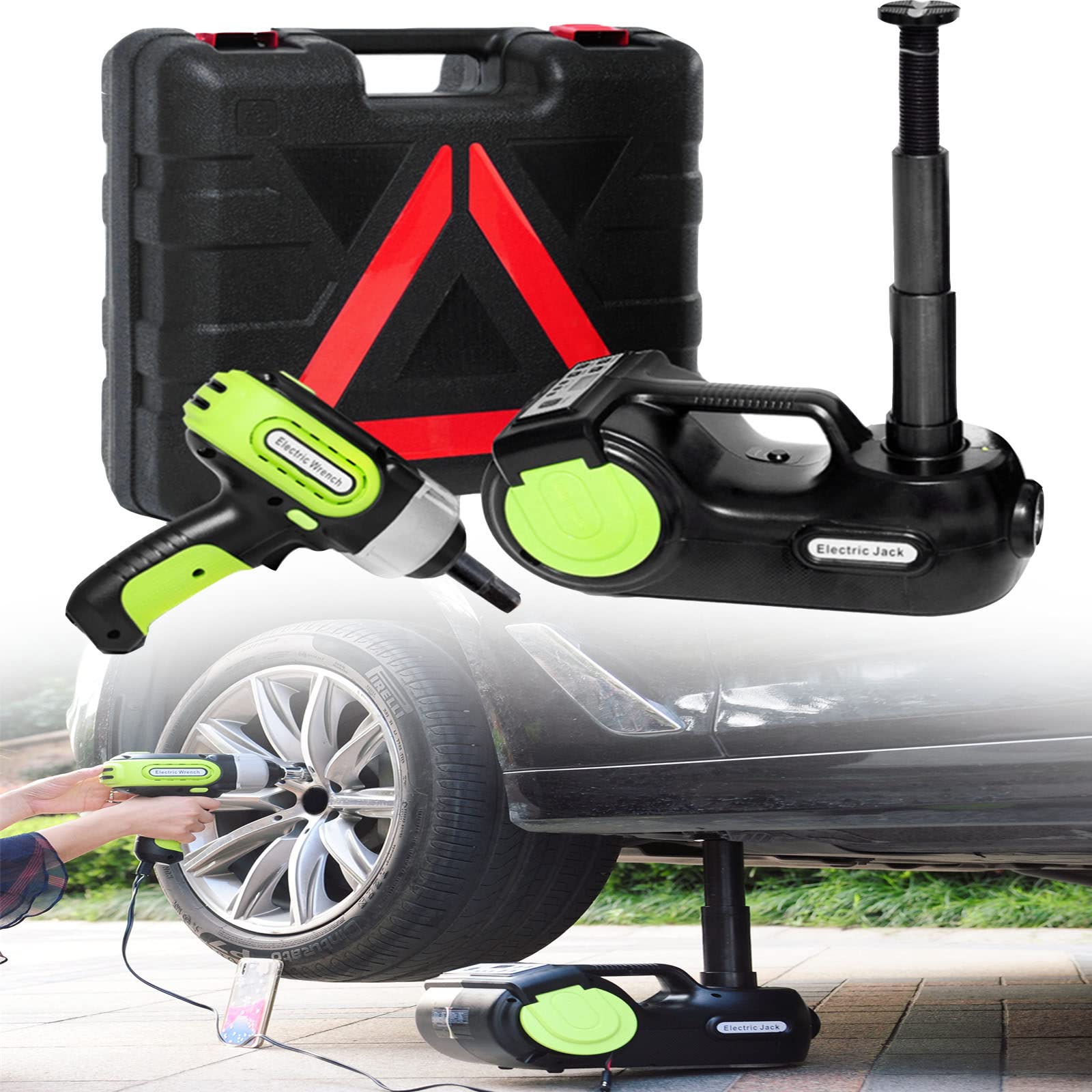 Jack per Auto Elettrica, 12V 5Ton 4 in 1 Jack Idraulico Protable Jack Idraulico con Avvitatore Elettrico Gonfiatore Pneumatici Luce LED per SUV MPV Sedan Truck,3in1#5tonGreen