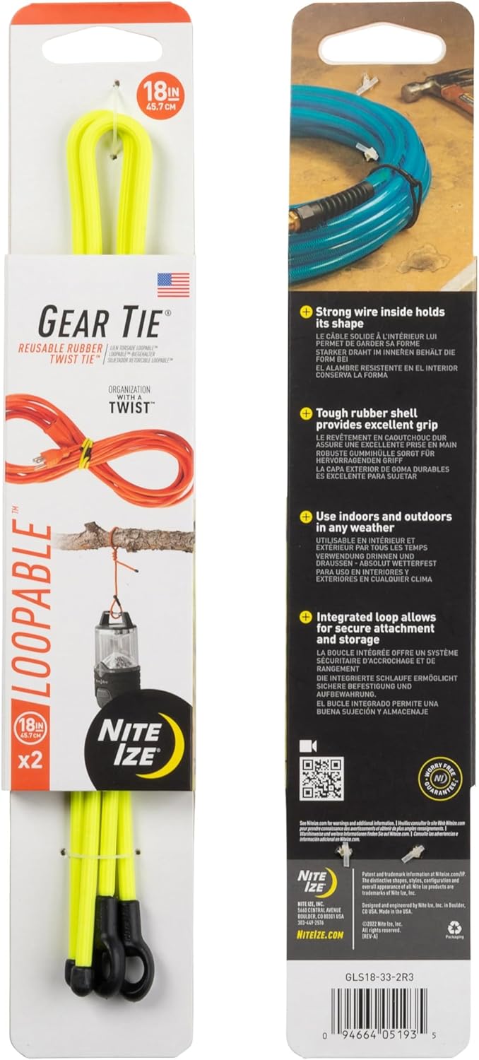 Nite Ize Gear Tie Loopable Twist Tie - Reusable & Flexible Twist Ties - Bendable Cable Ties for Gear & Cords - Loopable for Secure Fastening - 18", Neon Yellow (3 Pack)