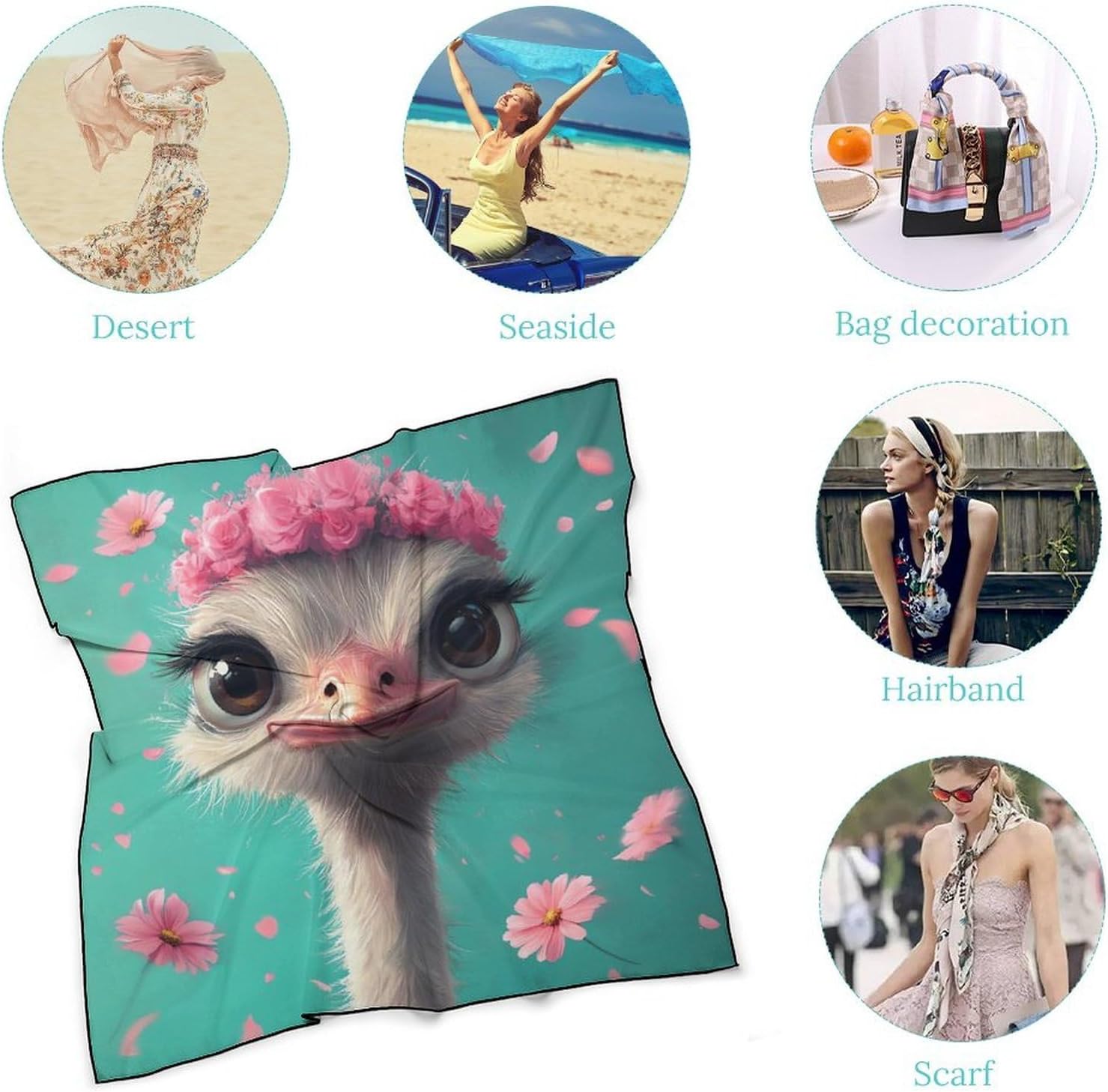 Cute Ostrich Bandana Fashion Head Scarf Square Silk Scarf Print Neck Hair Scarfs for Women Men Gifts