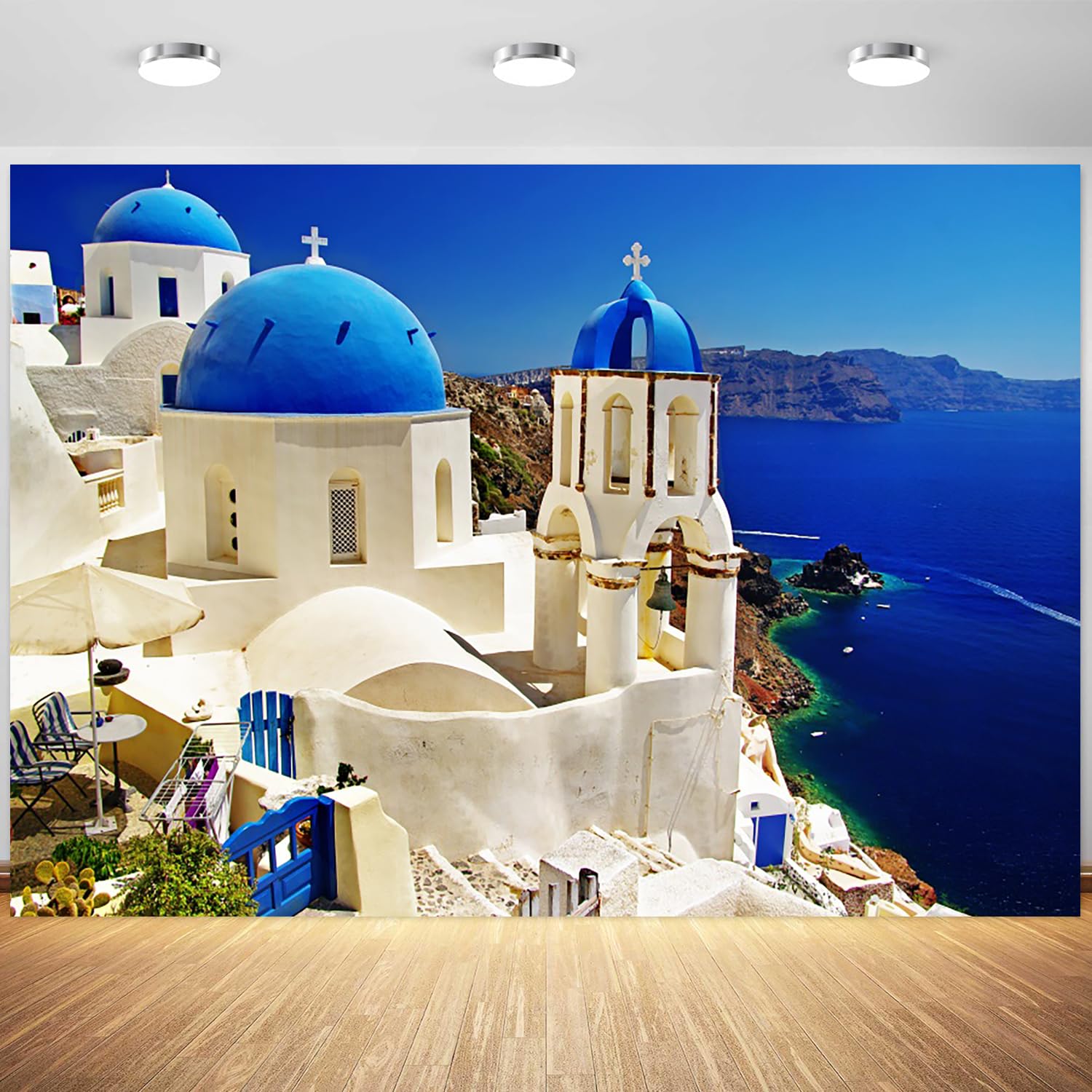 7x5ft Greece Backdrop Santorini Island Village Scenery Photography Background Greece Themed Party Wedding Engagement Photoshoot Decorations Birthday