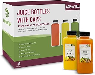 Holotap 42Pcs 16Oz Plastic Juice Bottles with Caps, Empty Plastic Bottles for Juicing,16Oz Juicing Containers with Tamper Evident Caps Ideal for Water and Other Beverages (Black, 16 OZ)