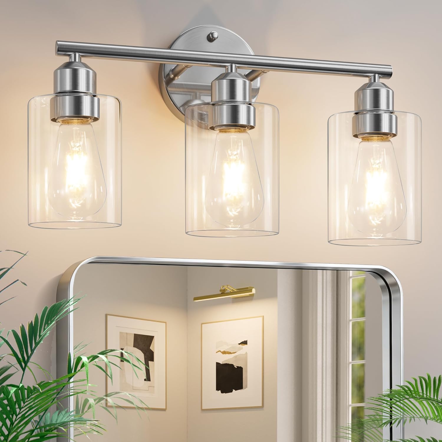 3-Light Bathroom Vanity Light Fixture, Modern Wall Lamp for Mirror with Clear Glass Shade, Silver Finish
