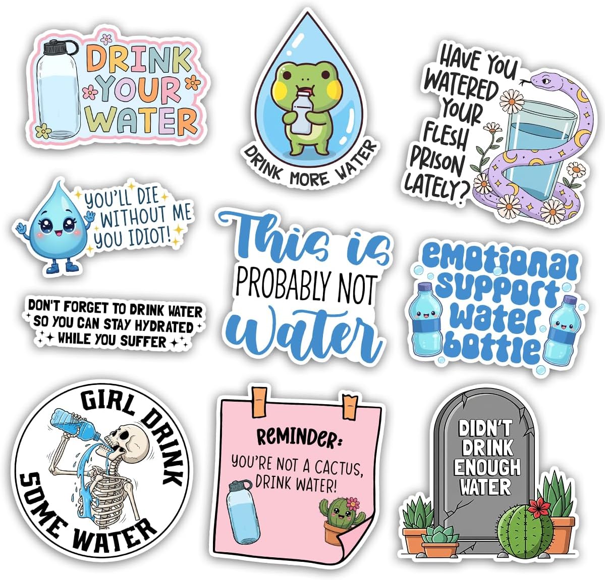 TODOLIA (10個-3インチ) ドリンクウォーターリマインダーステッカーパック、面白い水分補給ウォーターボトルステッカー、教師