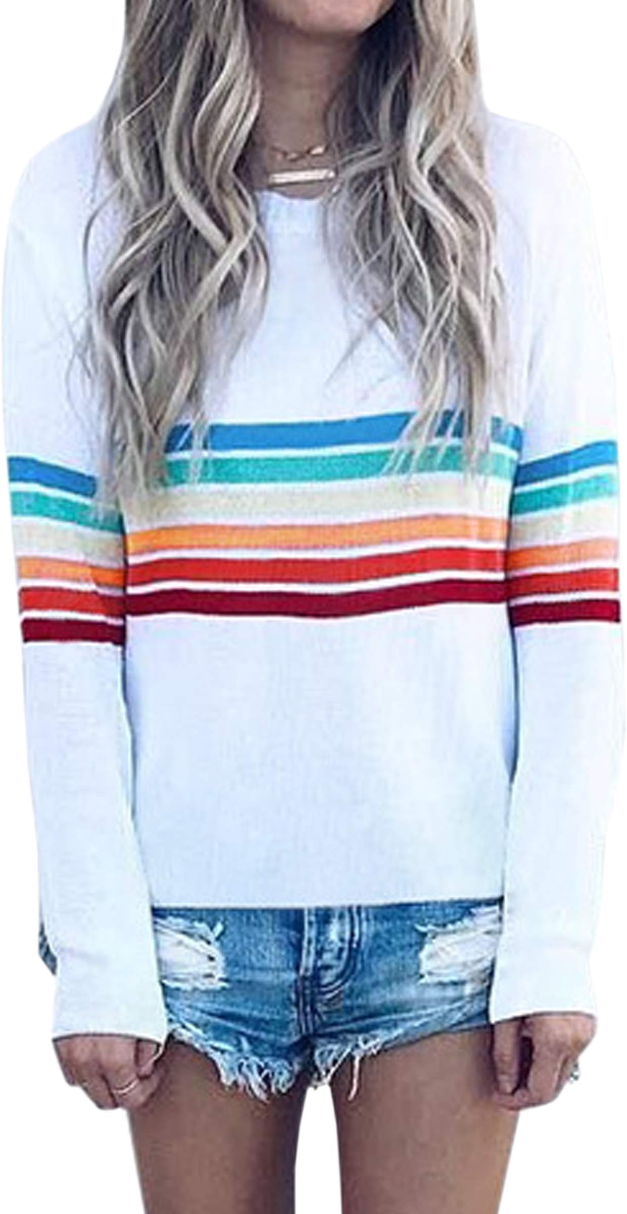Women's Sweater Rainbow Colorful Striped Sweaters Long Sleeve Crew Neck Color Block Casual Pullover Blouse Tops