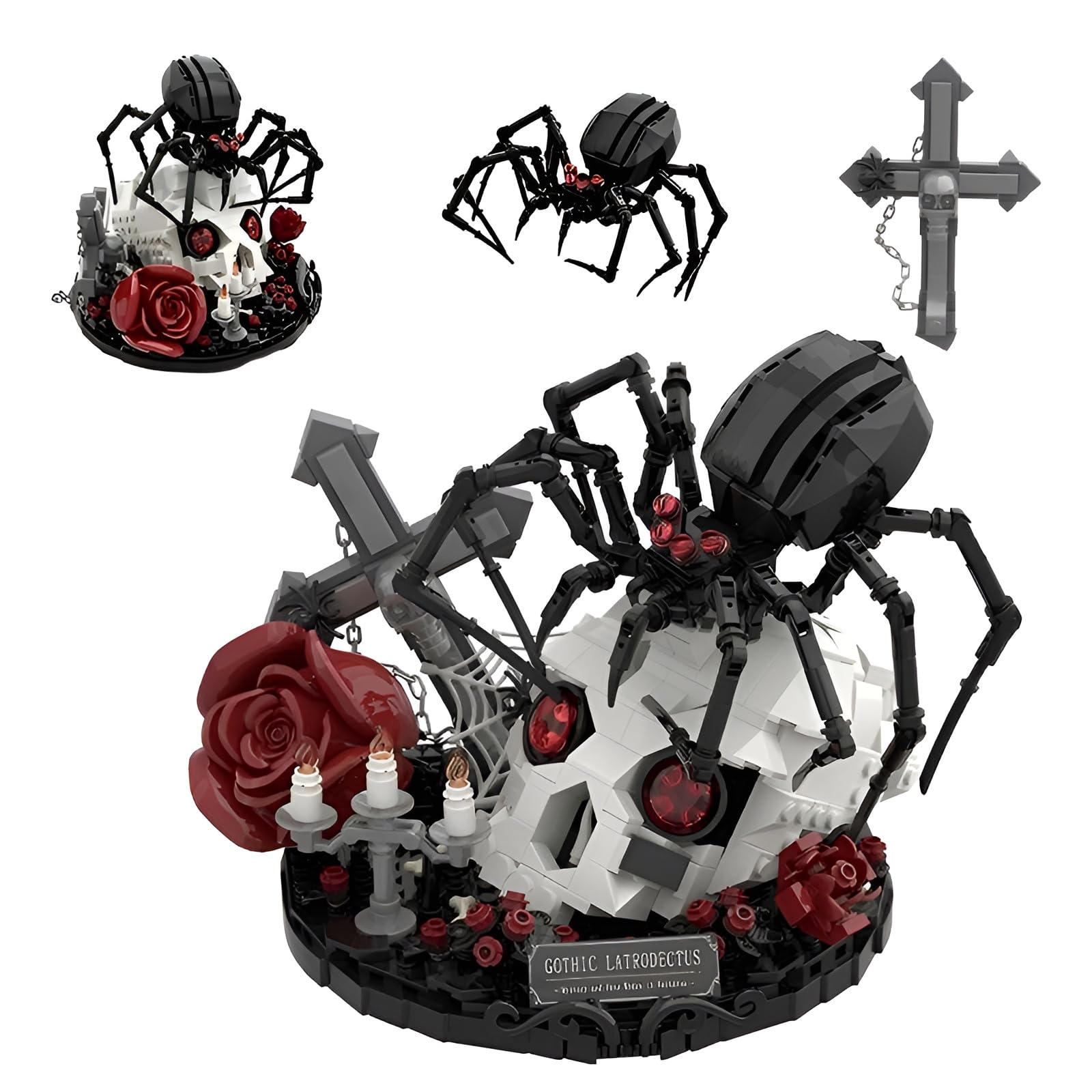 Gothic Style Skull & Spider Building Set, Creative Black Widow Spider with Red Rose Cross Building Bricks Kit, Idea Halloween Birthday Gifts, Collectible Display Flower Animal Model for Adults Teens