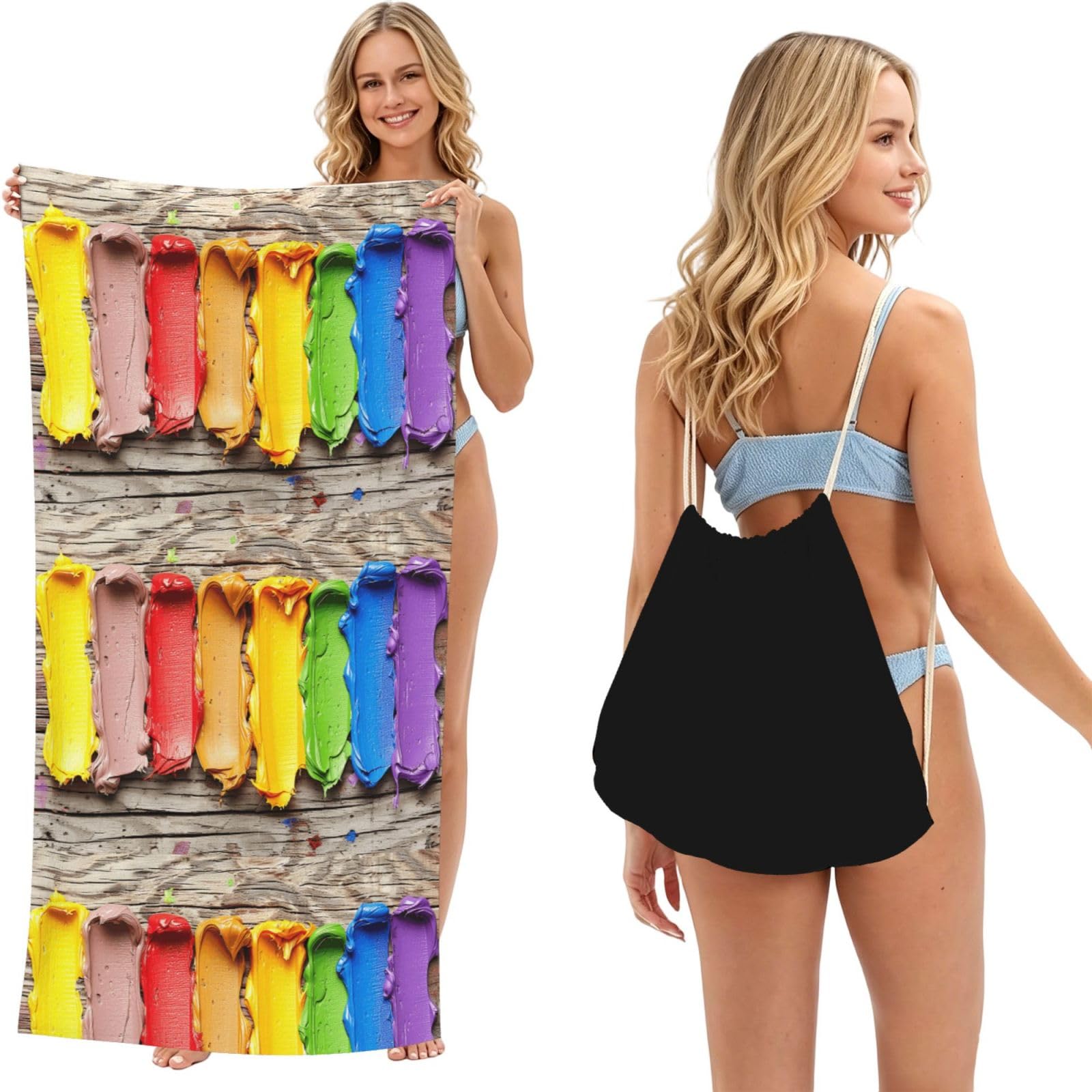 SKGOHLH Rainbow oil painting 2in1 Packable Beach Towel Bag Women