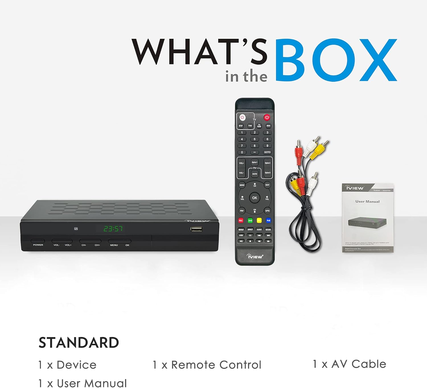 Contents of the IVIEW 3500STBA III box including converter box, remote, and A/V cable.