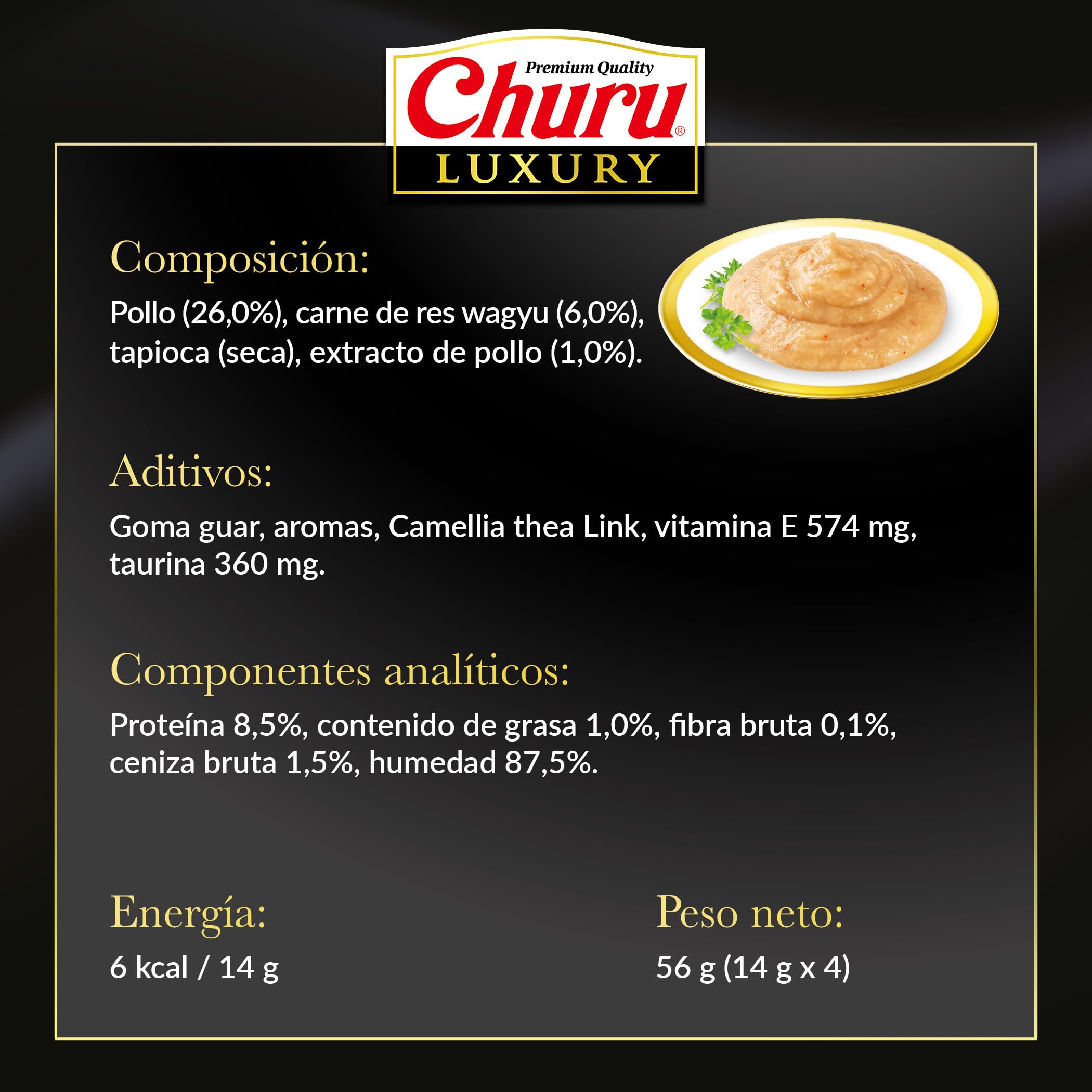 INABA Churu Luxury Gatos - Receta Saludable de Pollo y Carne de Wagyu - Deliciosos Premios con Textura Suave y Cremosa - Natural, Sin Cereales, Sin Colorantes-56g (4 Tubos x 14g)