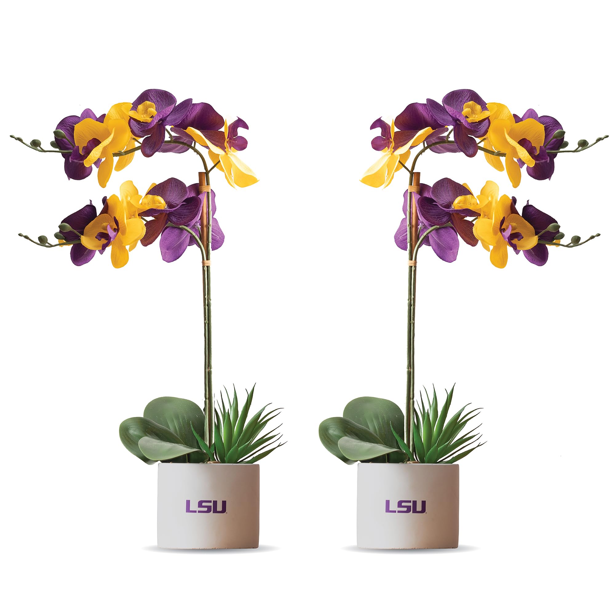 LSU Zestaw 2 roślin orchidei, LSU sztuczna orchidea, prezenty LSU dla mężczyzn, prezenty LSU dla kobiet, prezenty LSU, dekoracje Uniwersytetu Luizjany, akcesoria biurowe dla mężczyzn, zestawy biurkowe