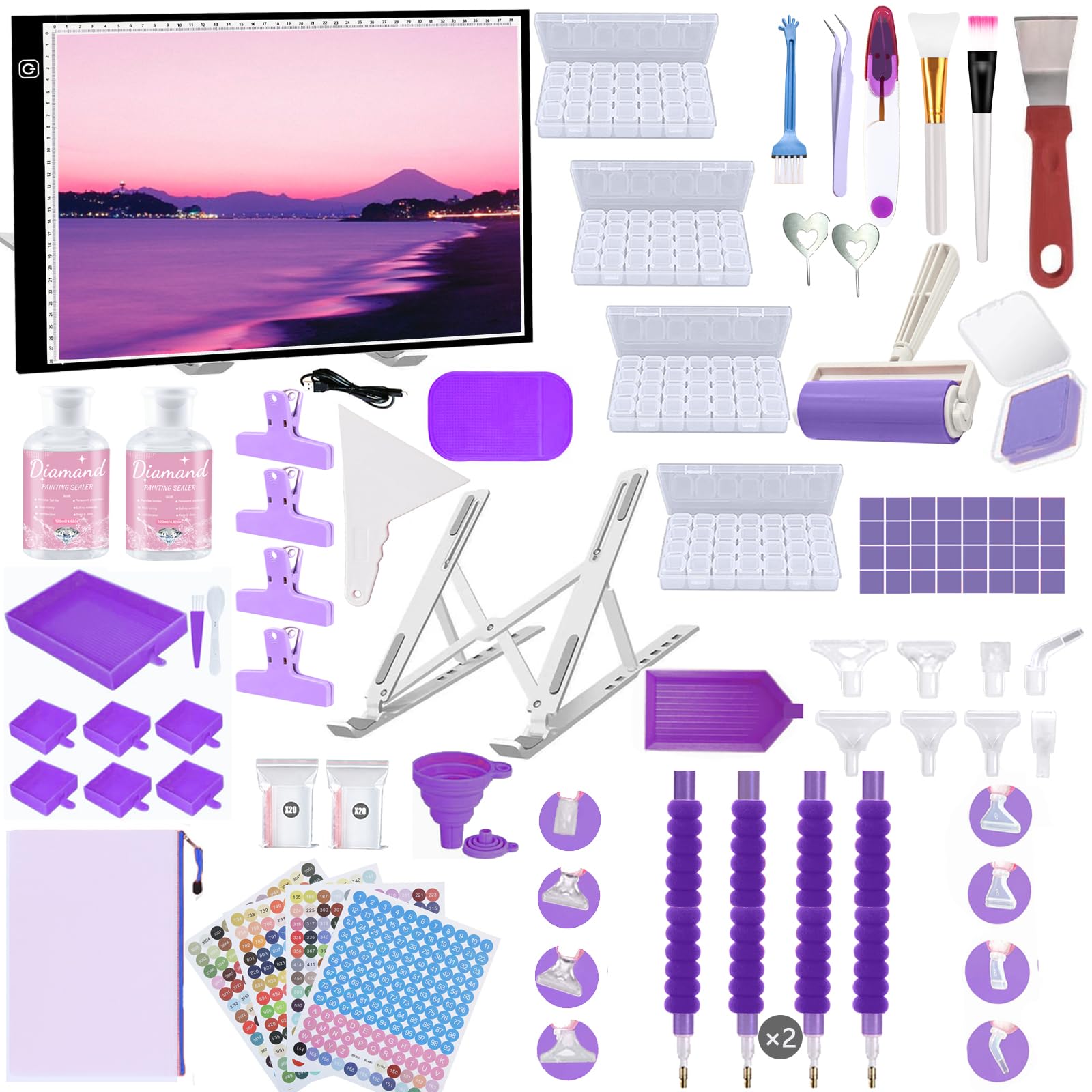 Lenxnmy 247pcs All-Inclusive Diamond Painting Tool Set Diamond Art Accessories Kit with A3 Diamond Painting Light Pad,Diamond Art Sealer Glue,Diamond Correction,Pens Storage Box for DIY Craft