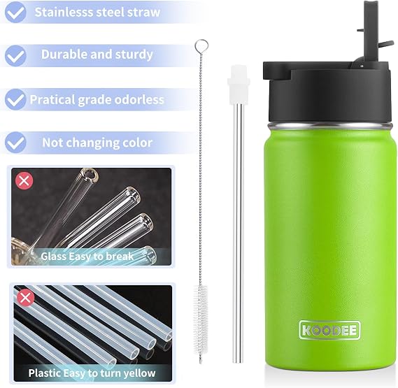 koodee Kids Water Bottle 12 oz Stainless Steel Vacuum Insulated Water Bottle for School, Small Sports Wide Mouth Water Bottle with Straw Lids(Apple Green)