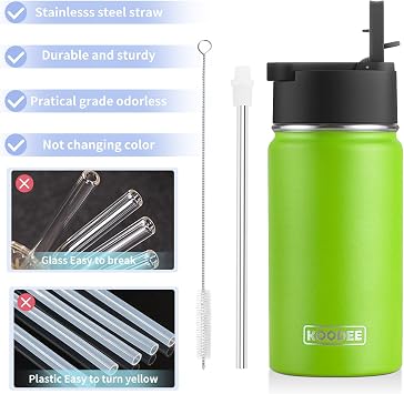 koodee Kids Water Bottle 12 oz Stainless Steel Vacuum Insulated Water Bottle for School, Small Sports Wide Mouth Water Bottle with Straw Lids(Apple Green)