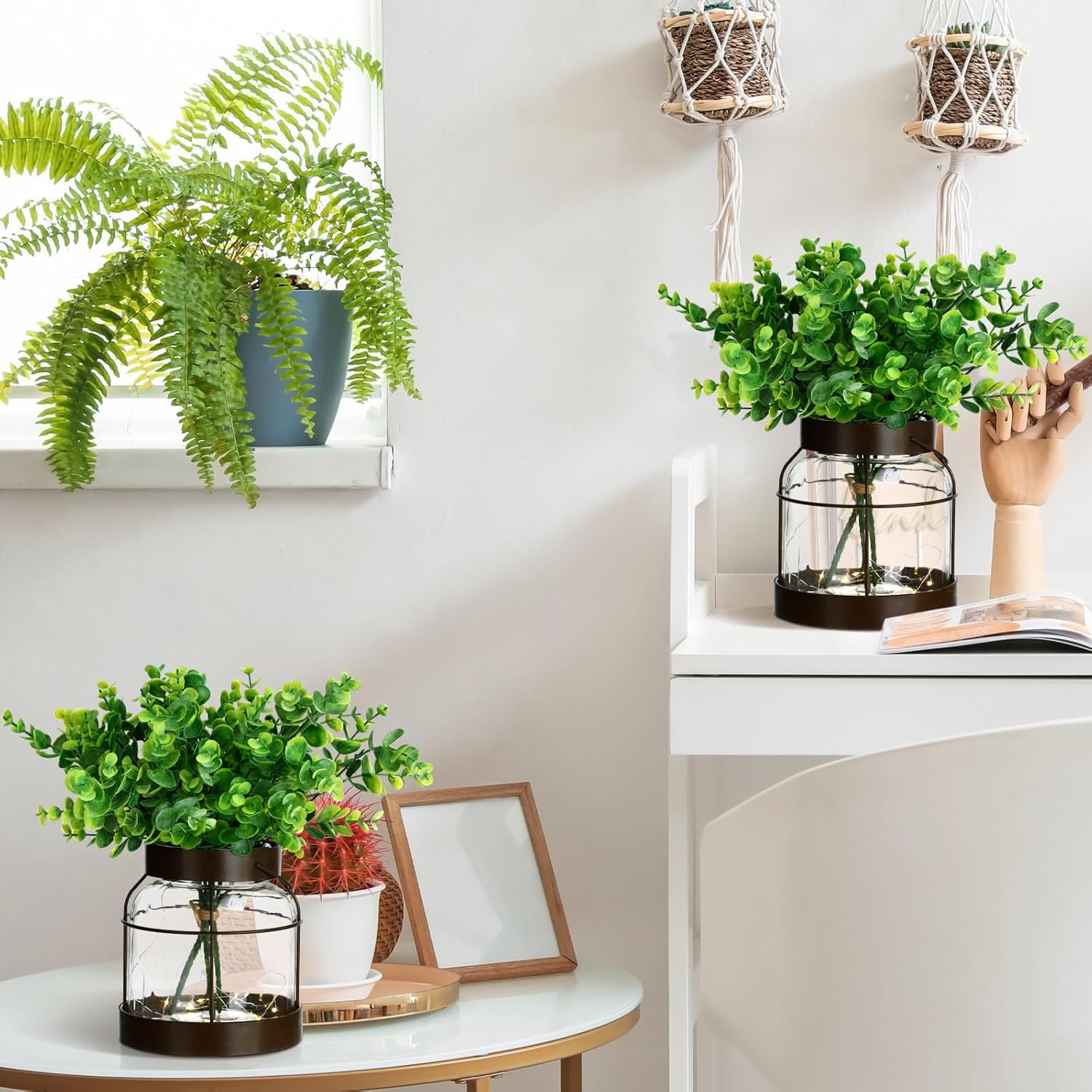 2 Set Vintage Glass Vase Rustic Farmhouse Lantern Decor with Artificial Plants Lights Decorative Clear Vase for Home Decor Floral Arrangement Dining Table Centerpieces(Eucalyptus Leaf) - Image 3