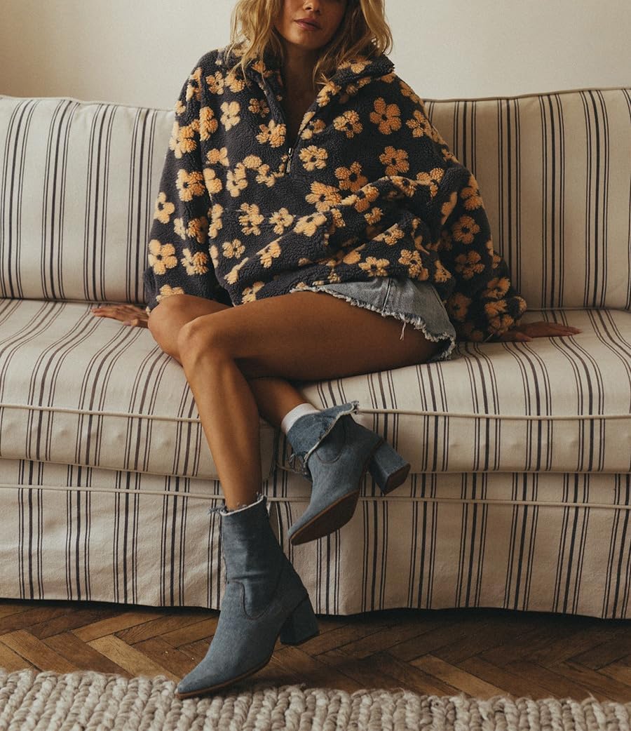 Womens Floral Fleece Sherpa Jacket Half Zip Up Fuzzy Oversize Pullover Sweatshirt Cozy Y2K Faux Fur Trendy Jackets - Image 3