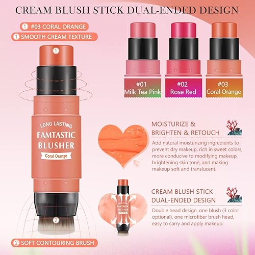 Vista 13 de Rubor en barra en crema para mejillas – Rubor de maquillaje múltiple 2 en 1 con pincel para tinte de mejillas, ojos y labios, textura en crema suave