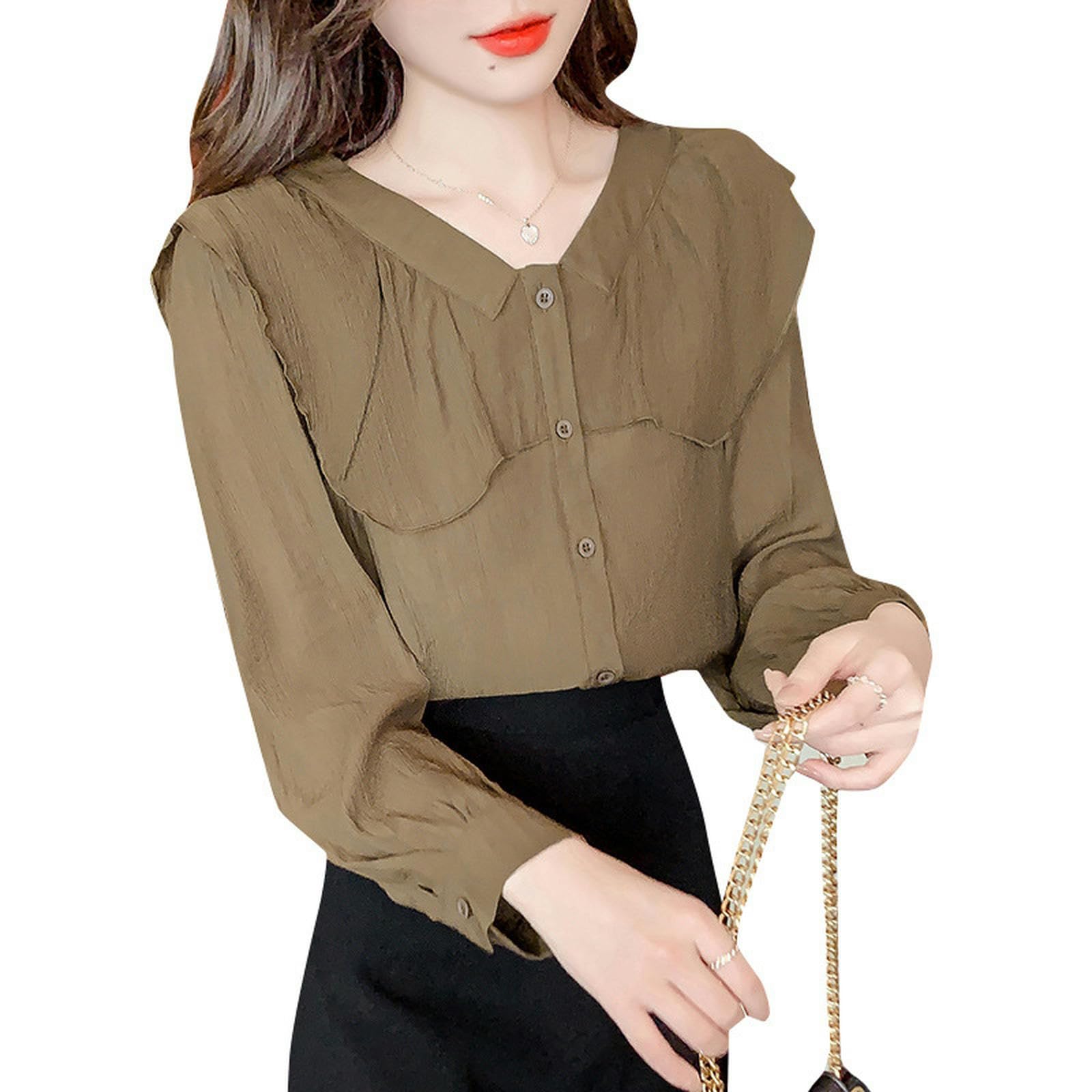 Camisa con Volantes Camisa de Moda con Cuello en V de Manga Larga para Mujer Top Elegante de Primavera Que Reduce la Edad-Negro-S