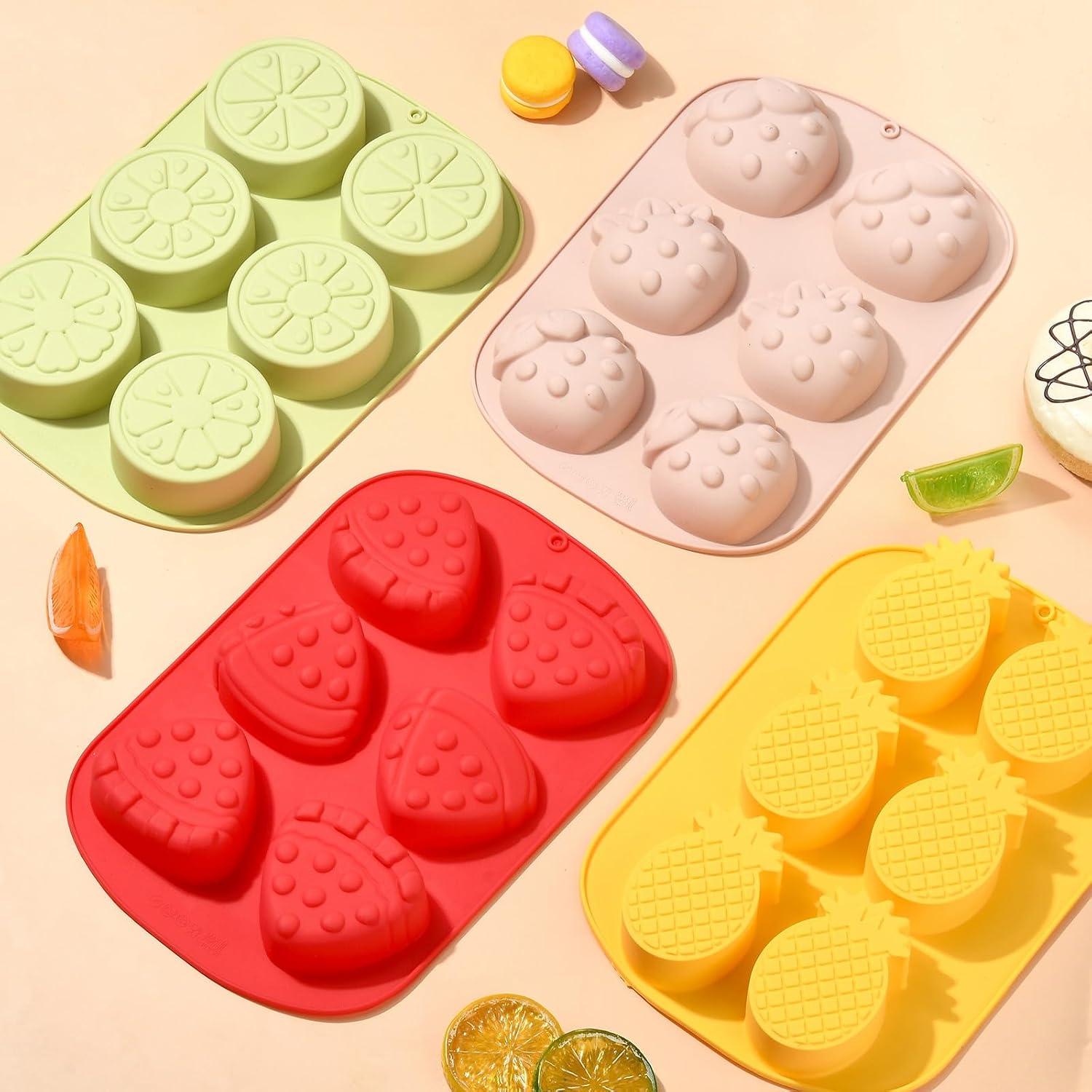 Stiesy 4Pcs 4 Styles Fruit Shape Silicone Molds 6 Cavity Strawberry Watermelon Pineapple Orange Fondant Molds for Jelly Pudding Candy Chocolate Creative Dessert Snacks Making