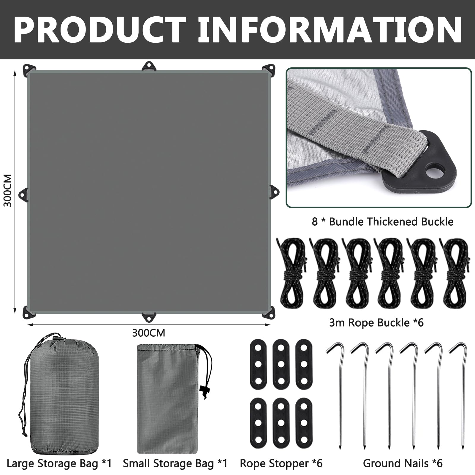 3x3M Camping Bâche, Tarp Bivouac Anti UV, Ripstop, Kit de Bâche Imperméable avec Oeillets, 6 Piquets en alu, 6 Cordes, pour Bivouac, Randonnée, Trekking, Hamac, Auvent Van Fourgon, Extérieur
