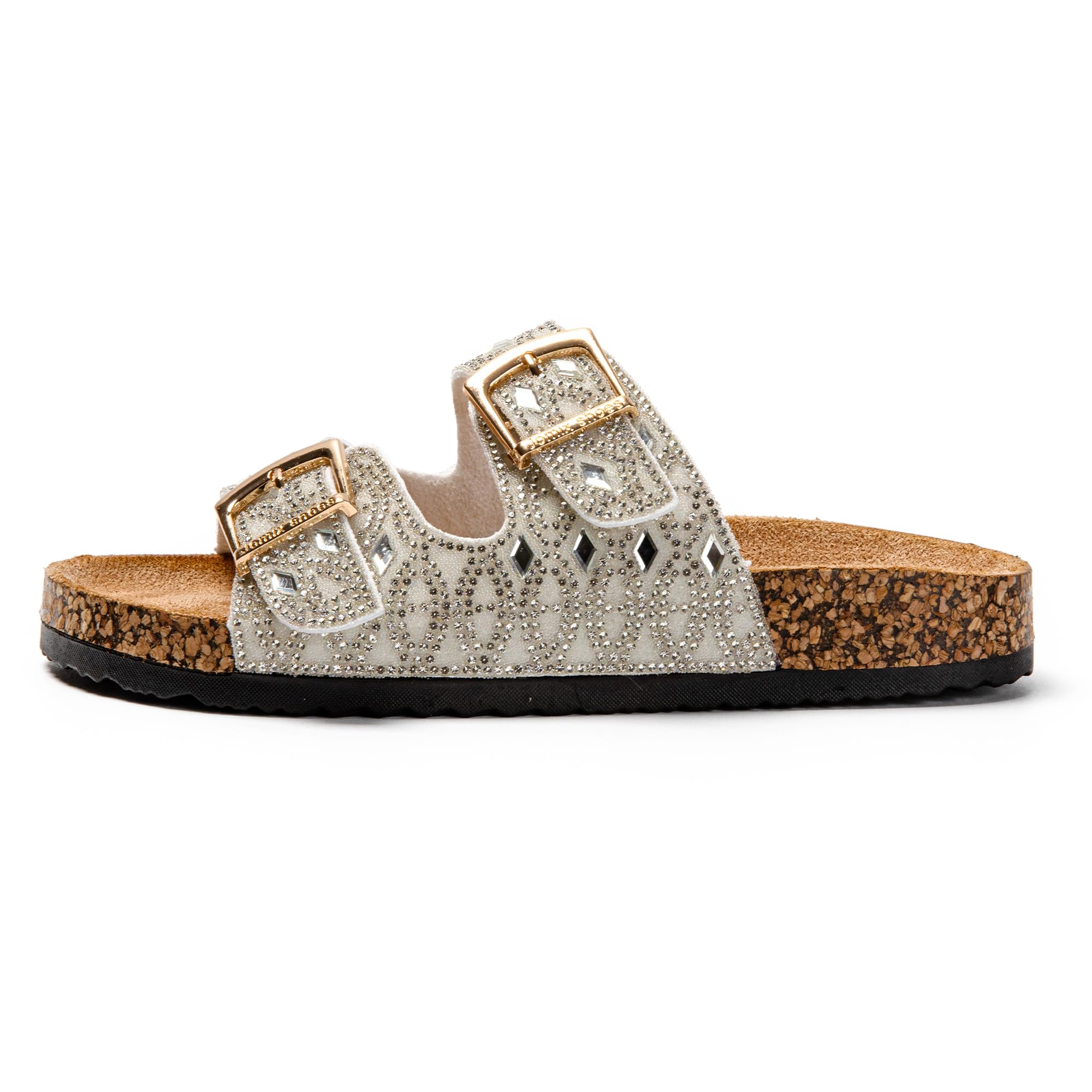 JOMIX Pantoletten Damen Glitzer Clogs Bohemian Bunte Sandalen mit Strass Plateau Bequeme Strand Kork Schuhe