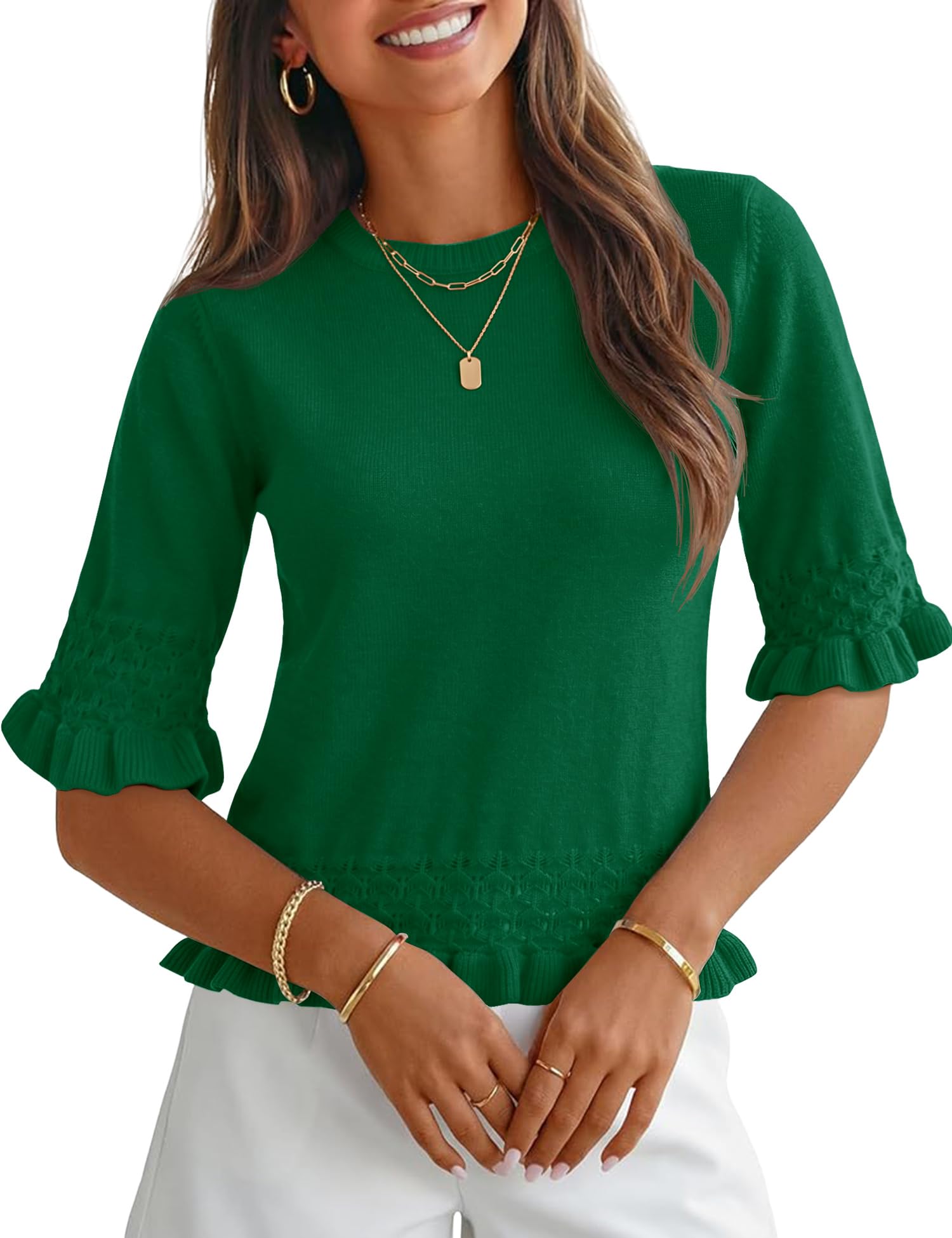 akewei Womens 3/4 Sleeve Pullover Sweater Crewneck Knit Peplum Tops Lightweight Casual Going Out Outfits-picture-11