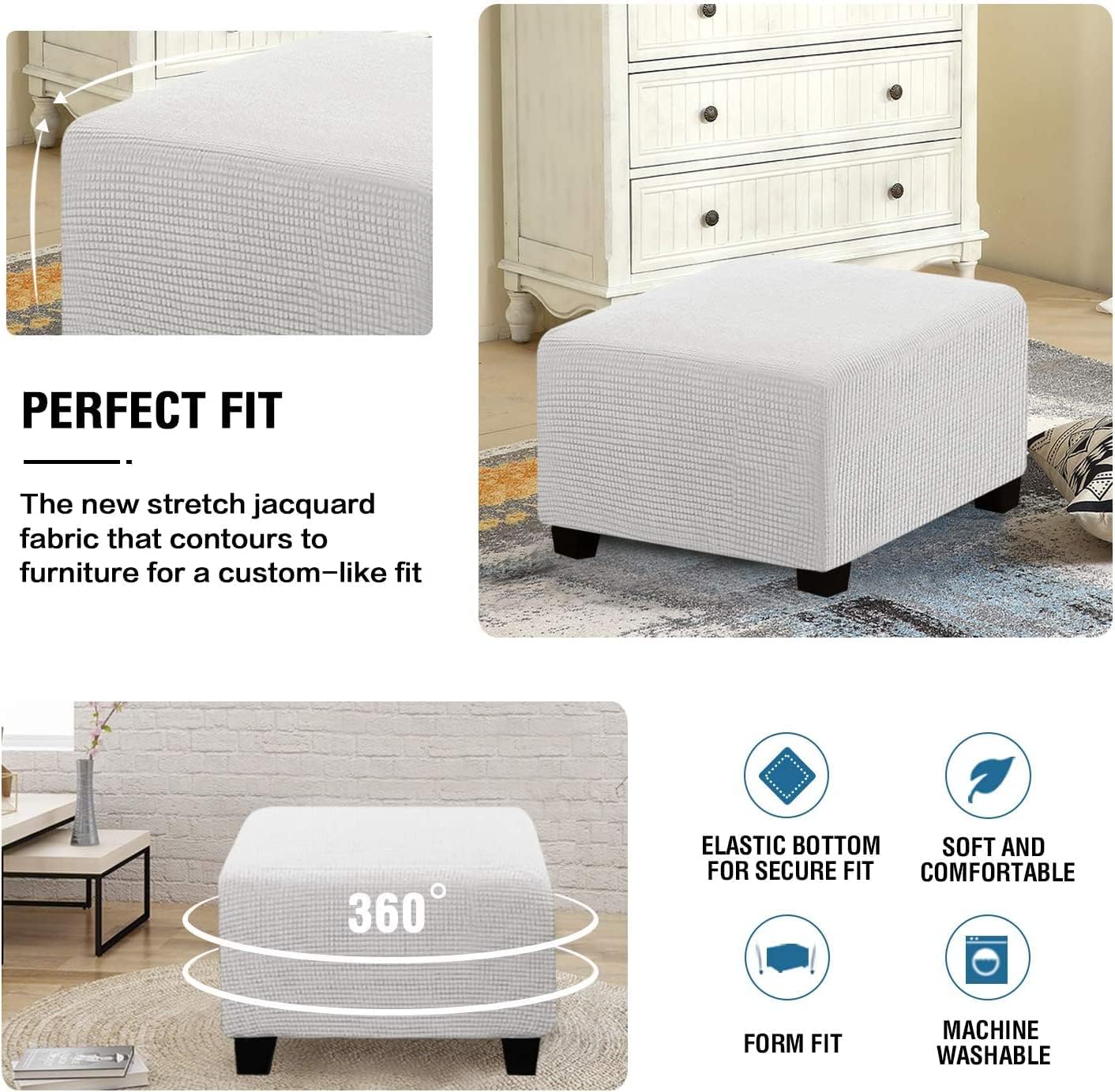 Square Jacquard Ottoman Covers Ottoman Slipcovers Folding Storage Stool Protector Elastic Bottom Stretch High Spandex Small Checks (X-Large,Off White)