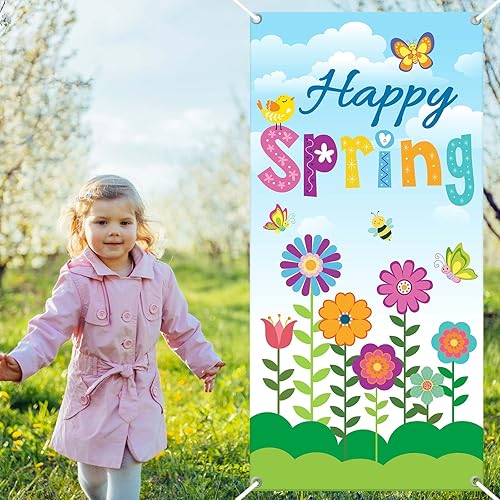 Miniatura 7 de Whaline Decoración de cubierta de puerta con texto en inglés «Hello Spring» con diseño floral de primavera para puerta delantera, cartel colgante