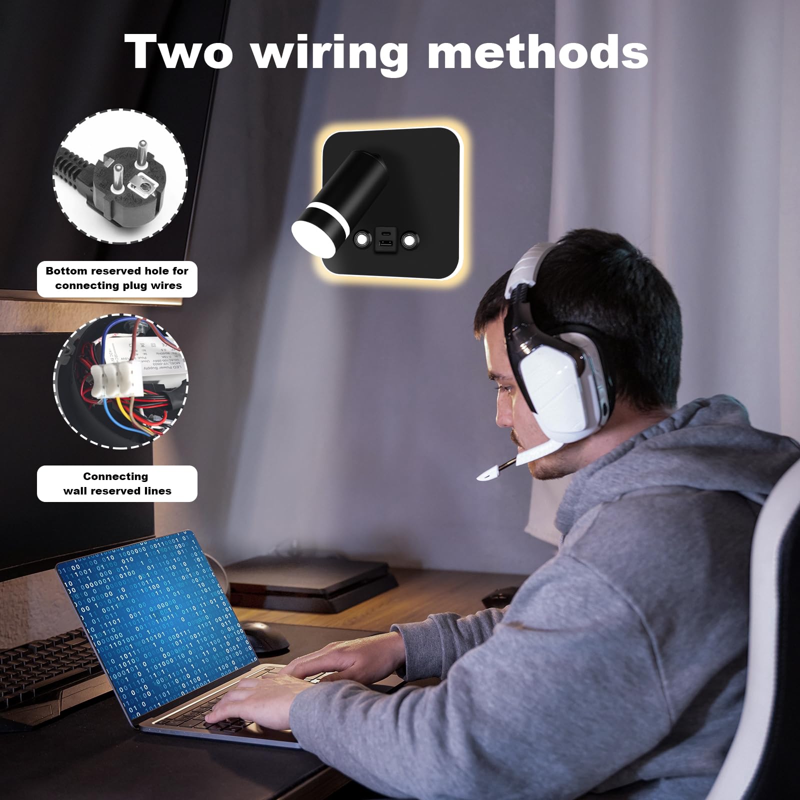 HUIZHOU Lámpara de lectura de LED montada en la pared toque 3 temperatura de color 12w puerto de carga USB 350 ° cama giratoria lámpara de lectura dormitorio de la (Negro cuadrado)