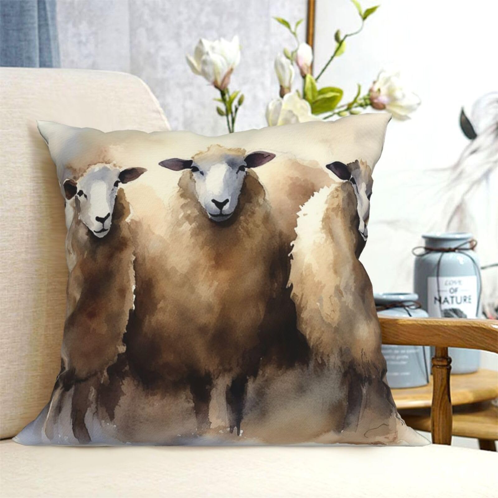 Fodpand Black Decorative Throw Pillow Covers 16"X16" Sheeps Watercolor Cushion Cases Square Modern Farmhouse Pillow Cases Soft Cozy Cushion Covers For Couch Sofa Bedroom Home Decor Pillowcase