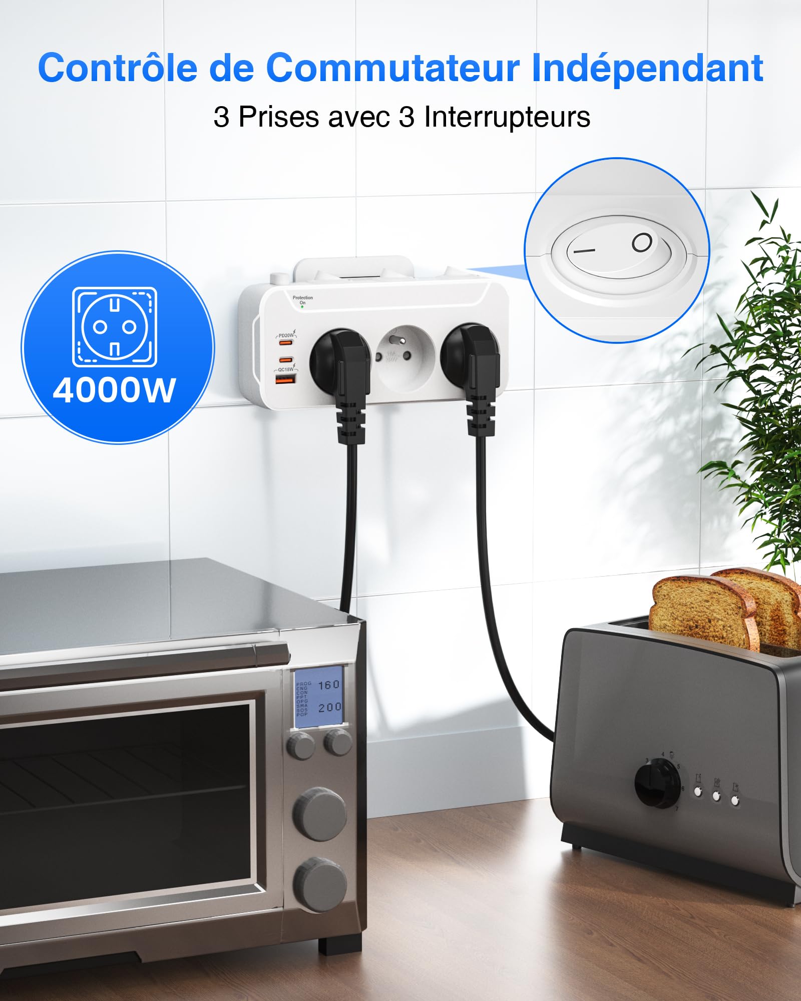 Listwa Zasilająca 3 Gniazdo, PD20W Wielokrotne Gniazdo z Wyłącznikami,Listwa Zasilająca Przeciwprzepięciowa 3 Gniazda Elektryczne,Rozdzielacz Elektryczny Adapter do Gniazdka z Type-c,Biały