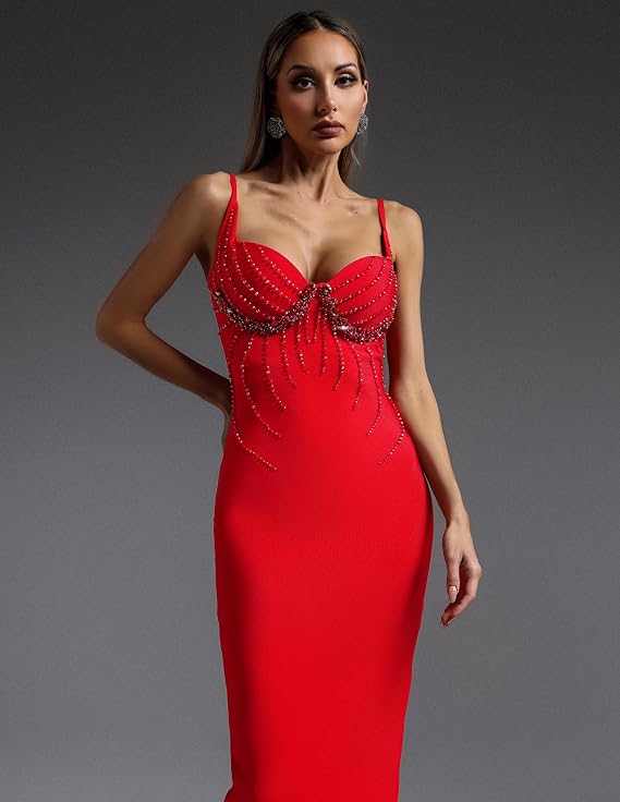 BELLA BARNETT Red Spaghetti Strap Sparkling Bodice Cocktail Dress Deep V Neck Mesmerizing Elegant Dress