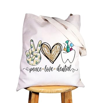 WZMPA Dental Cosmetic Bag Dental Hygienist Gift Peace Love Dental Makeup Zipper Pouch Bag For Dental Assistant Dentist, Peace Dental Tote, Fit