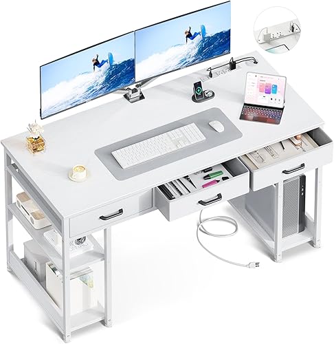 AODK Escritorio para computadora de 55 pulgadas con cajones de tela y tomas de corriente, escritorio de oficina con estantes de almacenamiento y disponible en Yaxa El Salvador