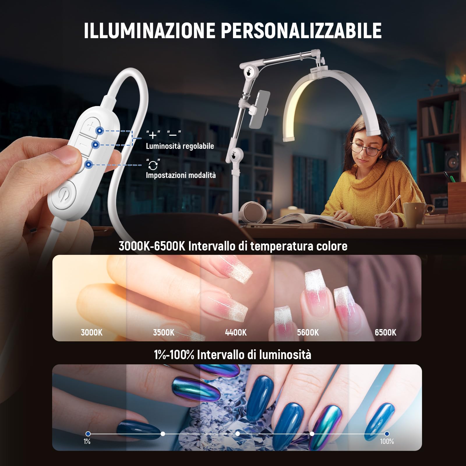 NEEWER BASICS 55cm Lampada Mezza Luna Estetica per Ciglia con Supporto Morsetto/Portatelefono, Lampada da Tavolo per Unghie Pieghevole 32W per Trucco Bellezza Tatuaggi Riprese Video dall'Alto, HM03-D