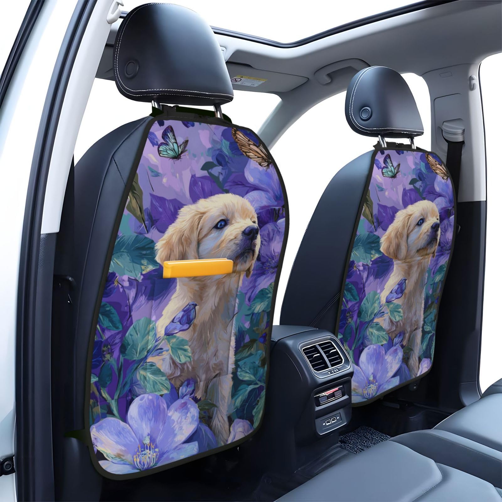 Puppy Blue Flowers Butterflies Car Seat Back Kick Protectors,2 Pack Kick Mats with Storage Pockets for Vehicles to Protect from Dirt Mud Scratches