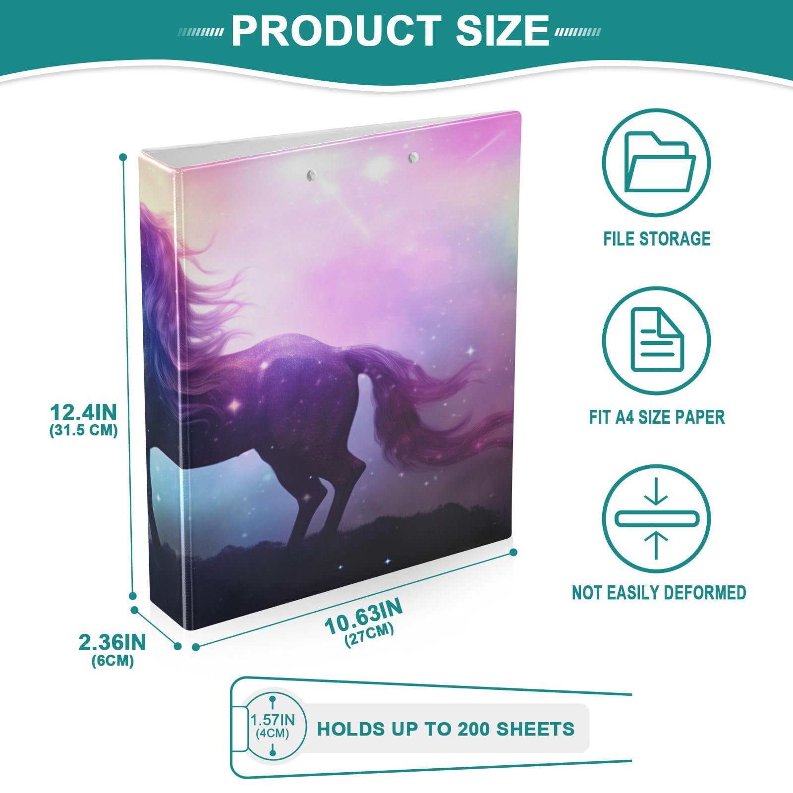 SKYSHU Unicorn - Raccoglitori a 3 anelli rotondi con 3 tasche interne trasparenti in PVC, impermeabili, robusti, con clip in metallo antiscivolo, raccoglitori versatili per 200 fogli, confezione da 2
