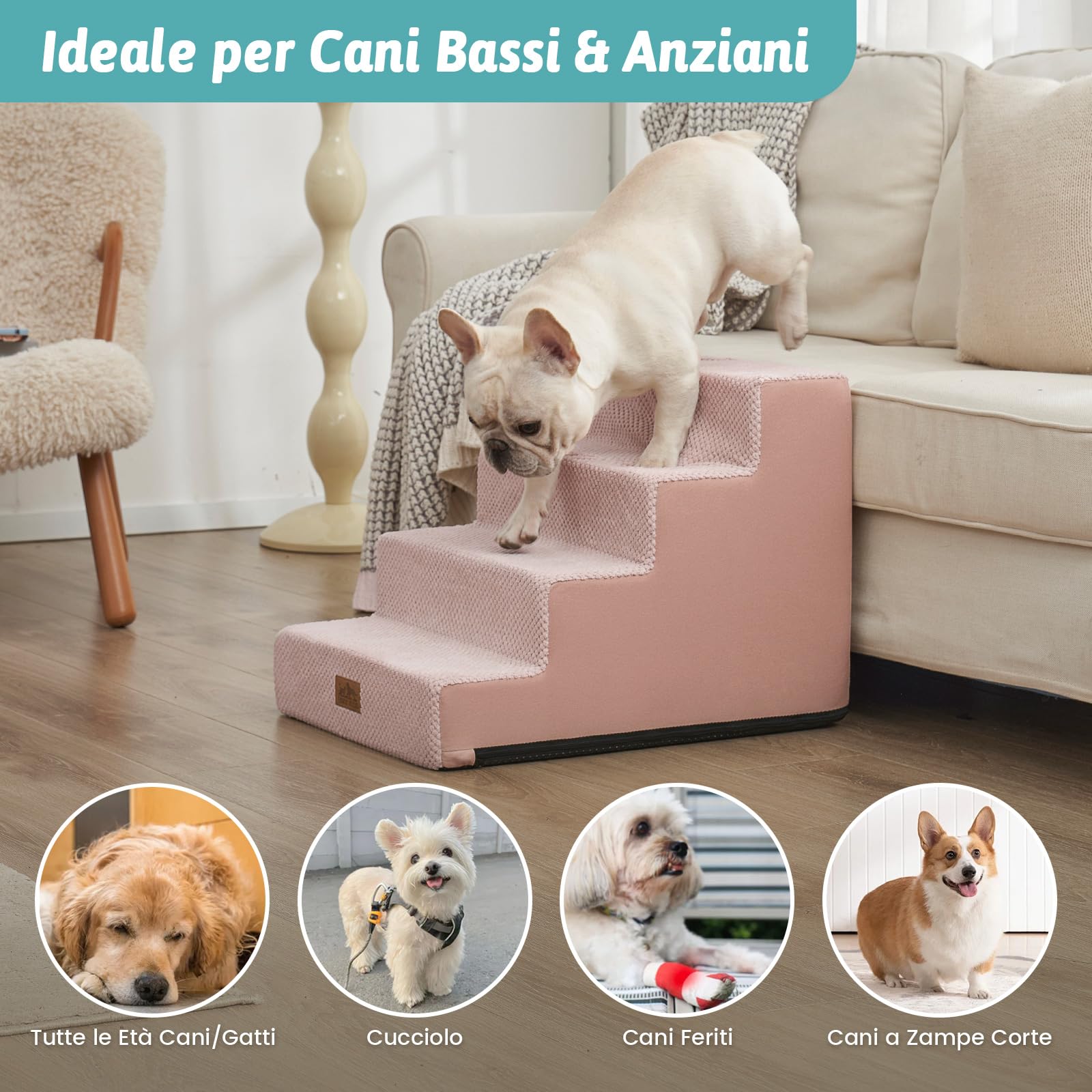 COZY KISS Scaletta larga per cani di piccola taglia, altezza 45 cm, per letto, divano, auto, antiscivolo, per cani anziani, cuccioli, cani di piccola taglia e media, 60 x 45 x 45 cm, 4 ripiani, rosa