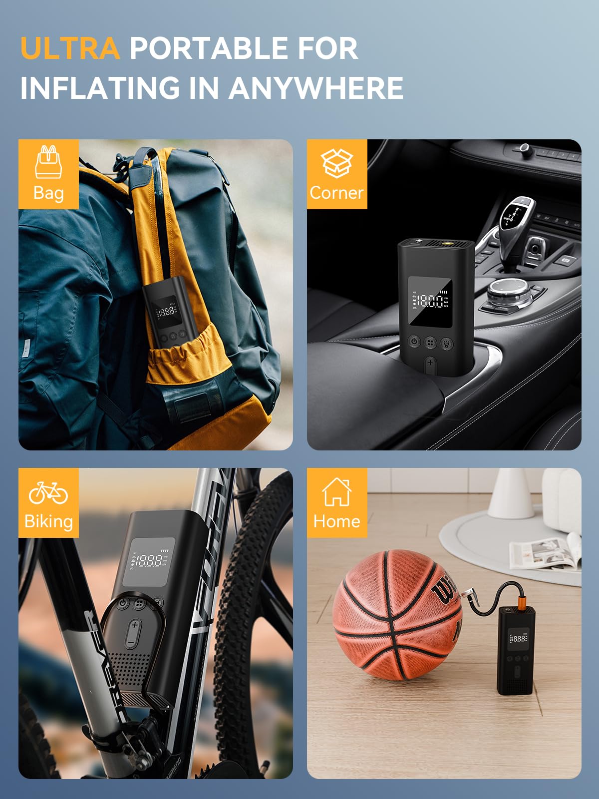 AIRSURE Tire Inflator Portable Air Compressor 150 PSI Fast Inflation Cordless Air Pump with LED Light Auto Shut-Off — view 6