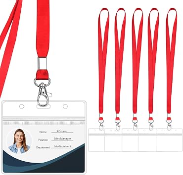 Clear Horizontal ID Badge Holder with Lanyard, Red, 6PCS | Water Proof, Horizontal Display, Zipper Resealable, Identification Card Protector