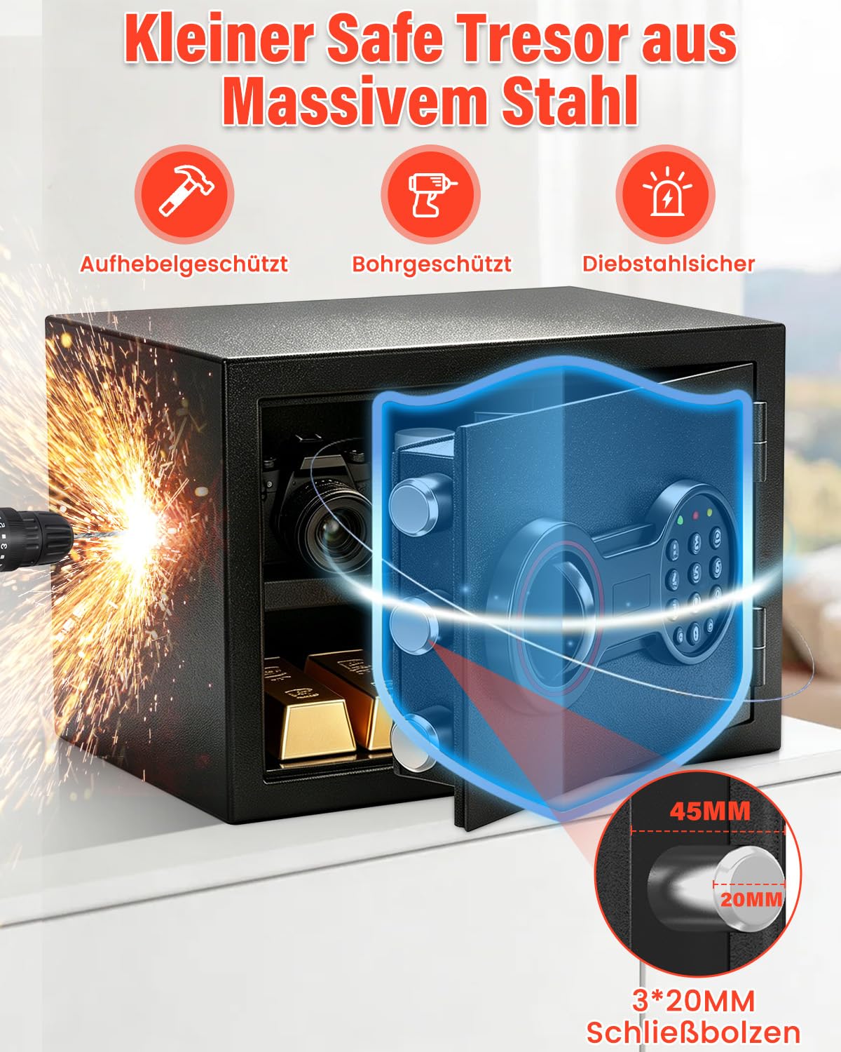Cassaforte ignifuga per casa, mobile digitale con serratura a combinazione, sistema di allarme e ripiano rimovibile, piccola cassaforte per contanti, documenti importanti, 25 l